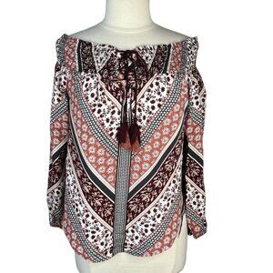 Knox Rose Off Shoulder Shirt Blouse Womens Small Red Pink Boho Long Sleeves
